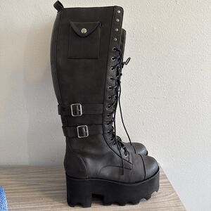 Current Mood Black Leather Tall Combat Platform Boots Lace-Up Zip Womens Size 7